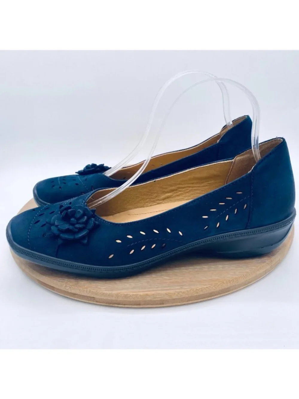 Hotter Shoes Womens 9.5 Blue Leather Slip On Comfort Perforated Flats Flower